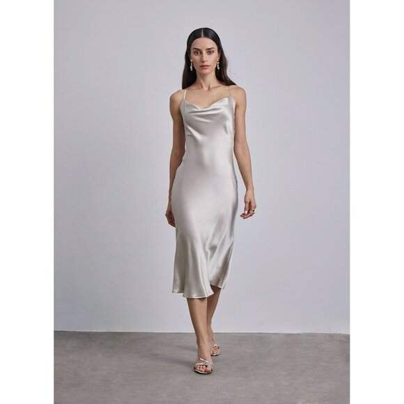 Silk Maison Dresses & Skirts - NWT SILK MAISON Lounge Silver White Silk Charmeuse Cowl Slip Midi Dress, Size M